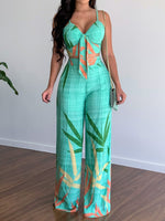 Women's Sets V-Neck Cropped Tank Top & Printed Wide-Leg Pants Two-Piece Set