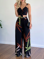 Women's Sets V-Neck Cropped Tank Top & Printed Wide-Leg Pants Two-Piece Set