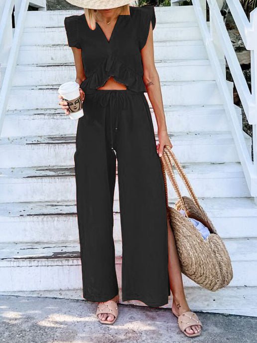 Women's Sets V-Neck Ruffled Top & Wide Leg Pants Two-Piece Set