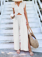 Women's Sets V-Neck Ruffled Top & Wide Leg Pants Two-Piece Set