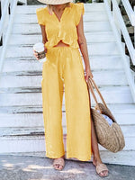 Women's Sets V-Neck Ruffled Top & Wide Leg Pants Two-Piece Set