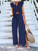 Women's Sets V-Neck Ruffled Top & Wide Leg Pants Two-Piece Set