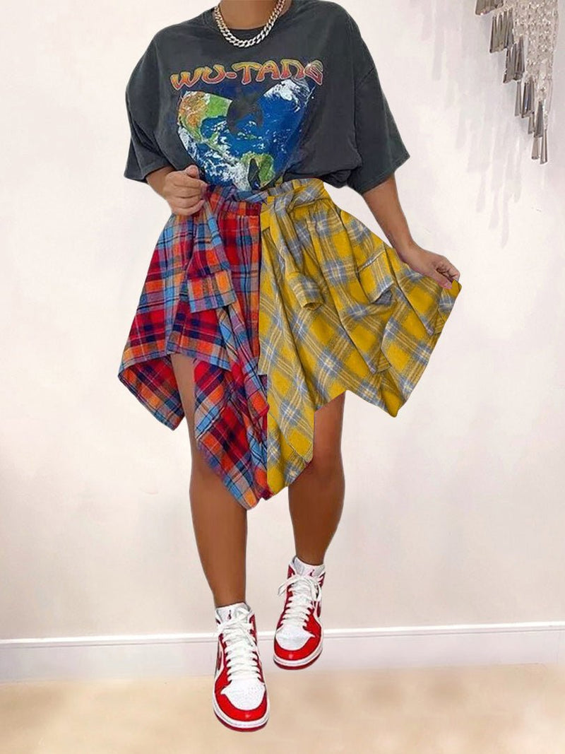 Women's Skirts Plaid Contrast Shirt Irregular Skirt