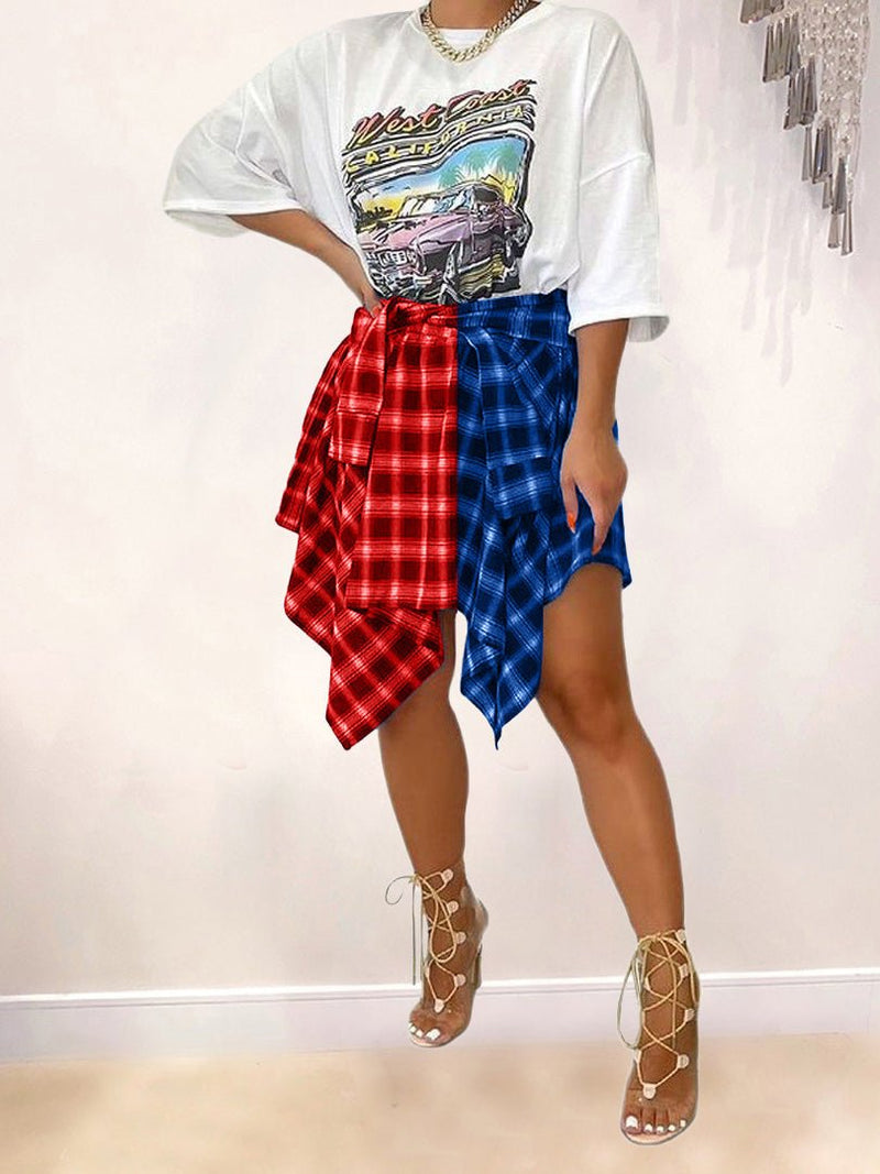 Women's Skirts Plaid Contrast Shirt Irregular Skirt