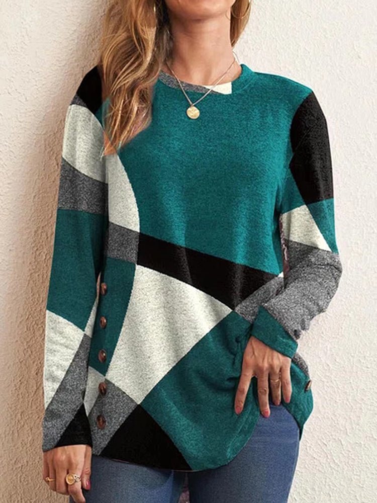 Women's T-Shirts Contrast Print Long Sleeve Round Neck T-Shirt