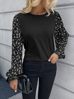 Women's T-Shirts Floral Stitching Round Neck Long Sleeve T-Shirt