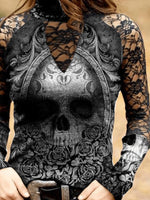 Women's T-Shirts Lace Skull Print Long Sleeve T-Shirt