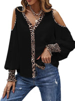 Women's T-Shirts Leopard Print Stitching V Neck Button Off-The-Shoulder T-Shirt