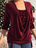 Women's T-Shirts Sequin Panel Solid Long Sleeve Drop Collar Pleated T-Shirt