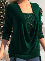 Women's T-Shirts Sequin Panel Solid Long Sleeve Drop Collar Pleated T-Shirt