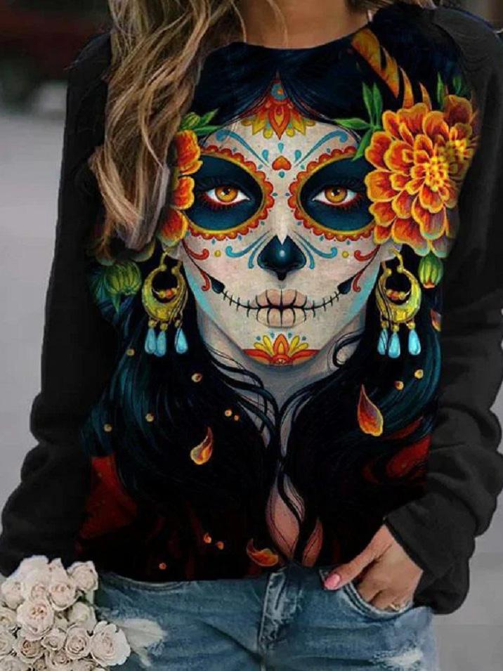 Women's T-Shirts Skull Print Round Neck Long Sleeve T-Shirts