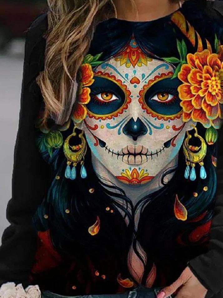 Women's T-Shirts Skull Print Round Neck Long Sleeve T-Shirts