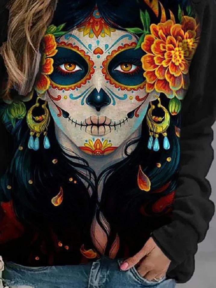 Women's T-Shirts Skull Print Round Neck Long Sleeve T-Shirts