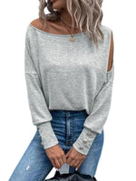 Women's T-Shirts Solid Off Shoulder Long Sleeves Buttoned Cuff T-Shirt