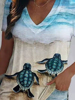 Women's T-Shirts Turtle Print V-Neck Short Sleeve T-Shirt