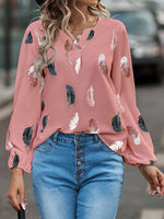 Women's T-Shirts V-Neck Feather Print Long Sleeve Loose T-Shirt