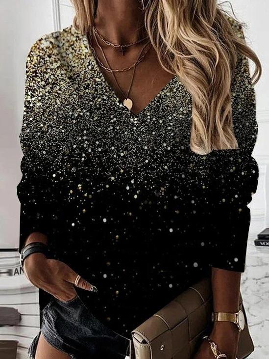 Women's T-Shirts V-Neck Sequined Long Sleeve T-Shirt